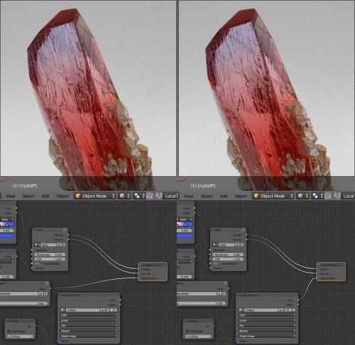 Render with microrelief map based on procedural textures (left) and on "baked" map (right)