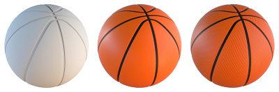 Баскетбольный мяч без микрорельефа (слева и по центру) и с микрорельефом (справа)